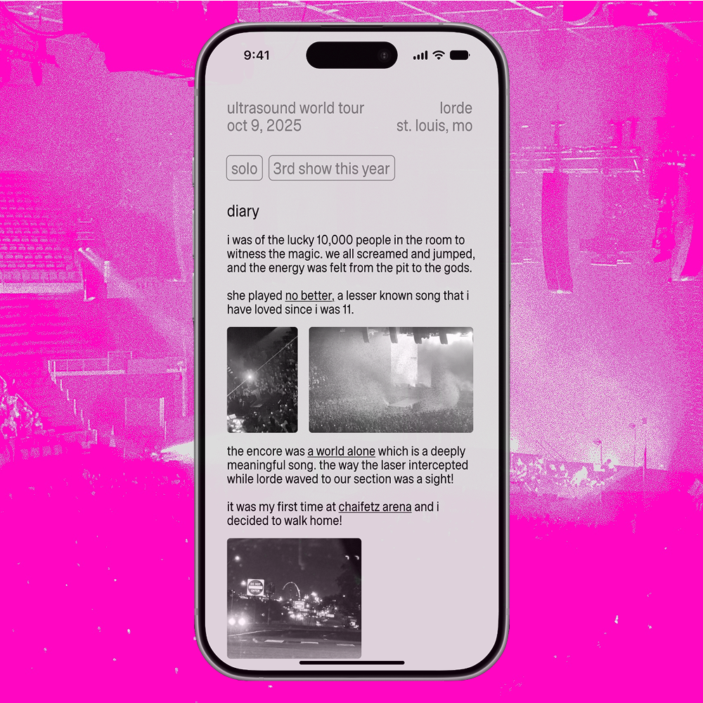 a screenshot of the ep app showing a logged diary entry for a lorde show, with photos and notes from the night